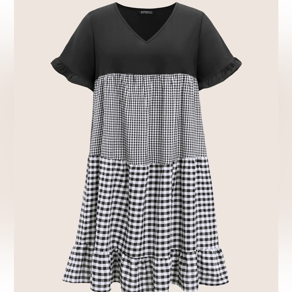 BloomChic Plus Size Gingham Patchwork V Neck Pocket Ruffles Dress - Picture 6 of 7